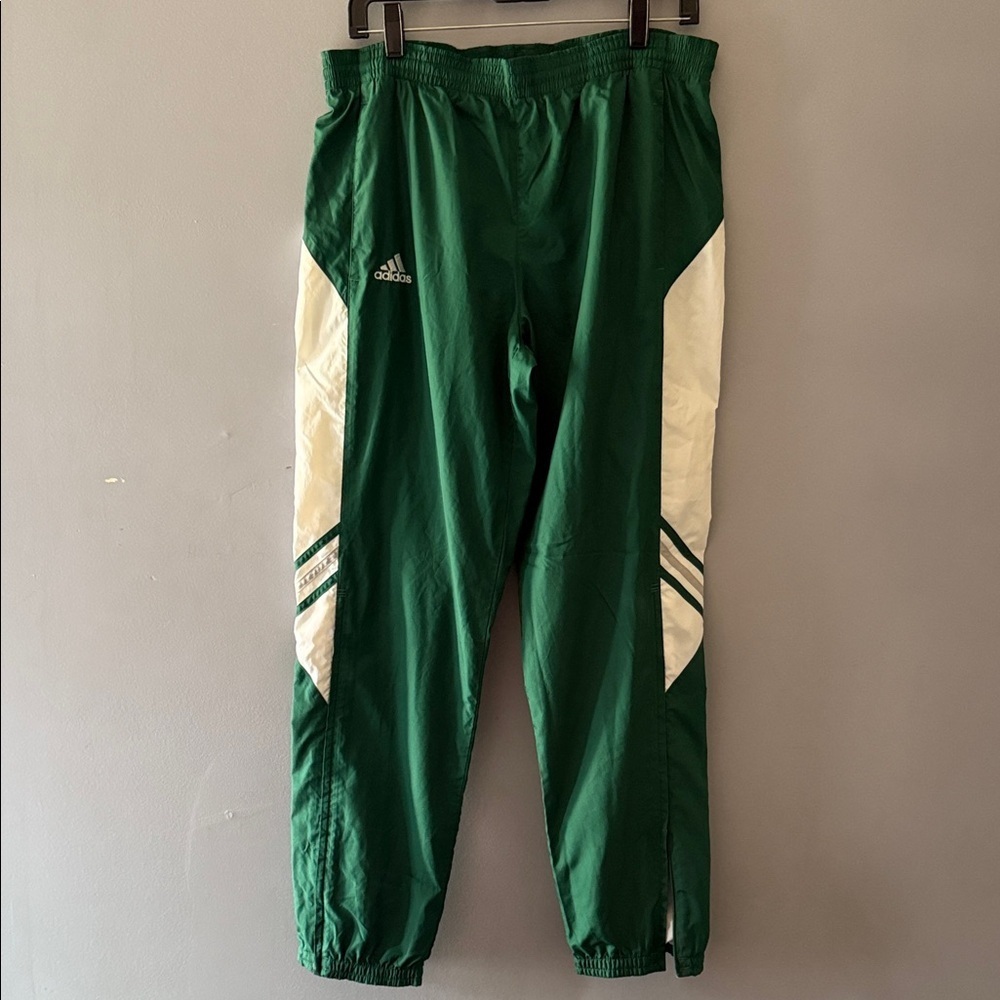VTG Adidas Windbreaker Pants SZ S Green White Baggy Lined Jogger (Flaw)